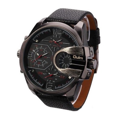OULM Brand Mens Genuine Leather Strap Big Dial Sports Quartz, 3 Time Zone Waterproof Army Wristwatch with Gift Box Red